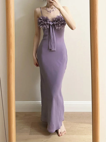Élégante robe de bal longue en satin violet sirène 3D à fleurs et fines bretelles pour soirée et demoiselle d'honneur P4262