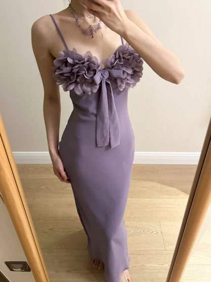 Élégante robe de bal longue en satin violet sirène 3D à fleurs et fines bretelles pour soirée et demoiselle d'honneur P4262