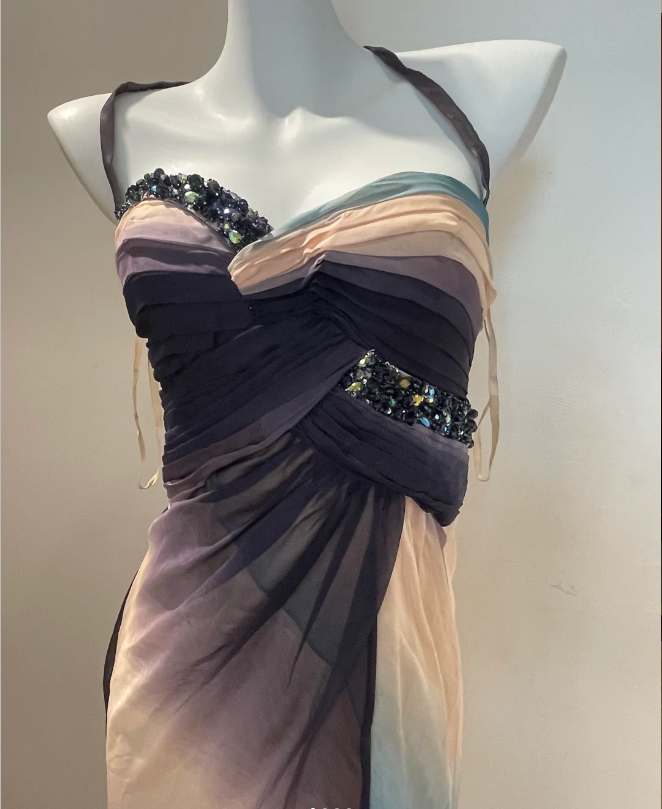 Verträumtes Farbverlauf Meerjungfrau Neckholder Perlen Chiffon Langes Ballkleid Abendkleid P4267