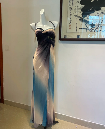 Verträumtes Farbverlauf Meerjungfrau Neckholder Perlen Chiffon Langes Ballkleid Abendkleid P4267