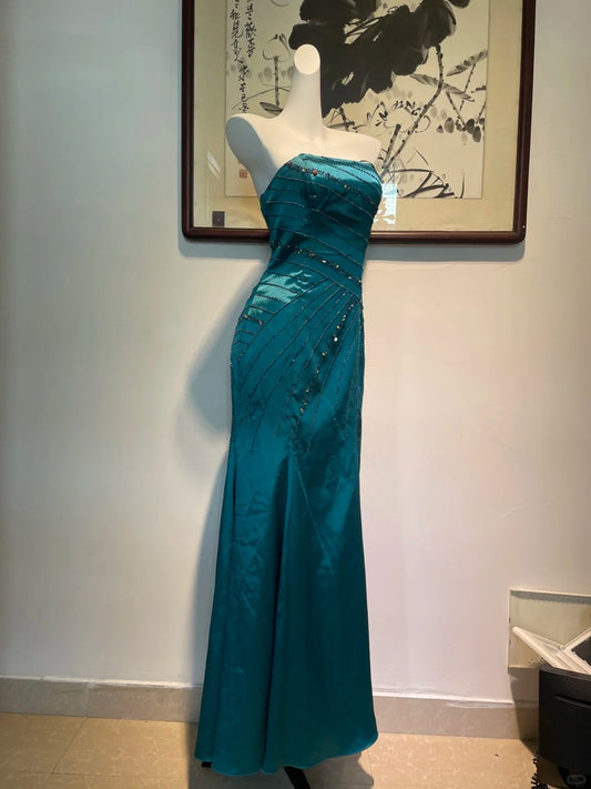 Robe de bal longue en satin bleu paon vintage, bustier, perlée, sirène, robe de soirée P4268