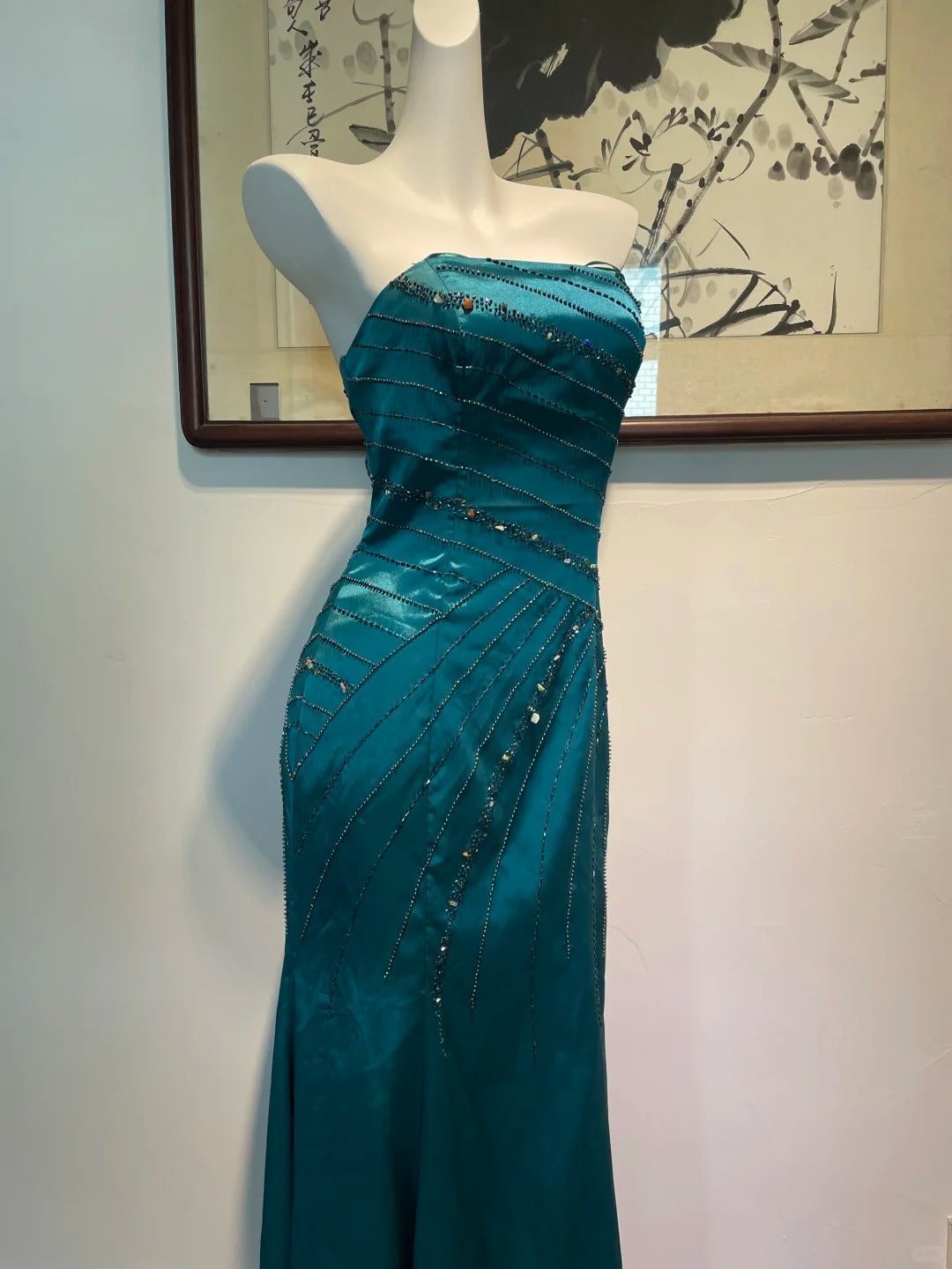 Vintage Pfauenblau Meerjungfrau Trägerloses Perlenbesetztes Satin Langes Ballkleid Abendkleid P4268
