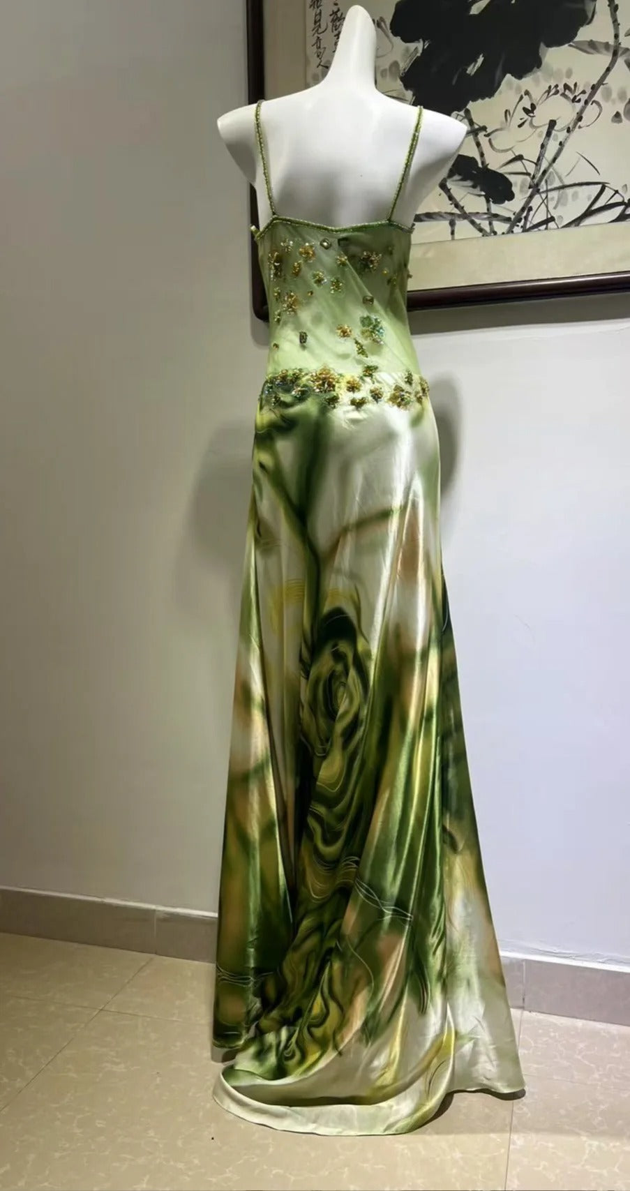 Exquisites türkisfarbenes Abendkleid mit Farbverlauf, eckigem Ausschnitt, Perlenstickerei, aus Satin, lang, P4270