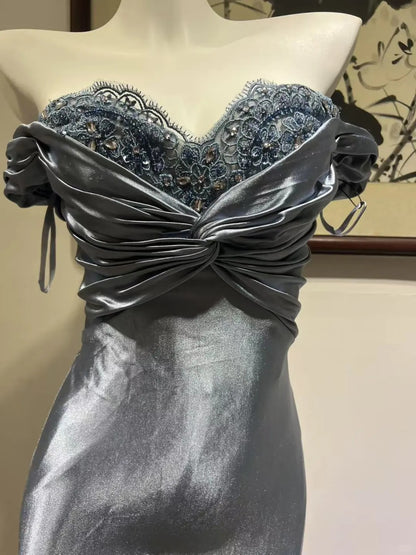 Elegantes graublaues Spitzen-Satin-Mermaid-Abendkleid mit Knoten P4271