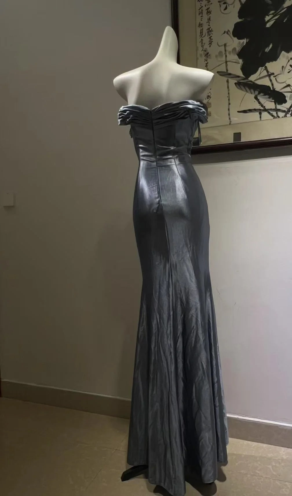 Elegantes graublaues Spitzen-Satin-Mermaid-Abendkleid mit Knoten P4271