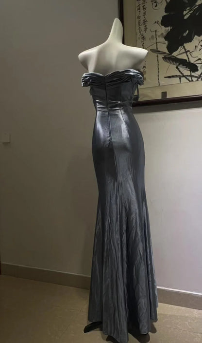 Elegantes graublaues Spitzen-Satin-Mermaid-Abendkleid mit Knoten P4271