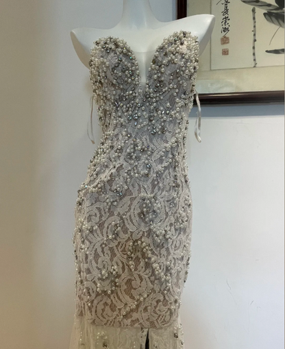 Luxuriöses und elegantes Meerjungfrauen-Abendkleid mit Herzausschnitt, Perlen, Strass und Spitze P4273