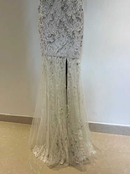 Luxuriöses und elegantes Meerjungfrauen-Abendkleid mit Herzausschnitt, Perlen, Strass und Spitze P4273