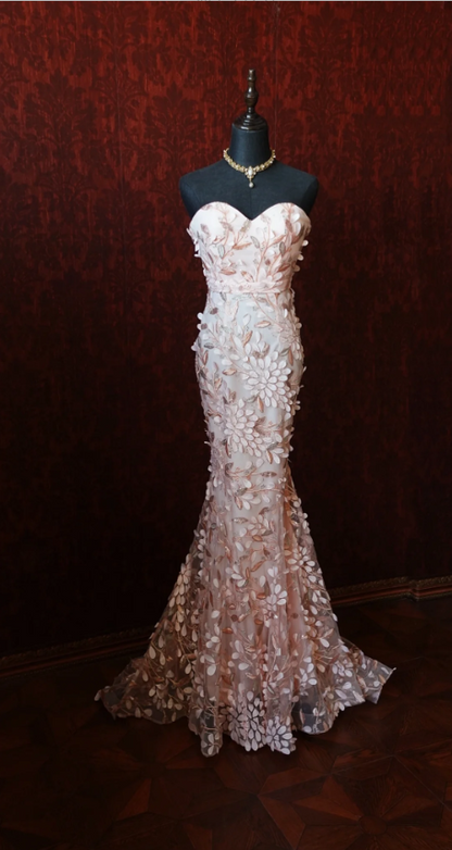 Süßes rosafarbenes Meerjungfrauen-Abendkleid mit Herzausschnitt, 3D-Blüten und Tüll, langes Ballkleid P4278