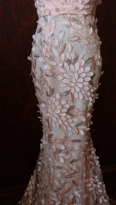 Süßes rosafarbenes Meerjungfrauen-Abendkleid mit Herzausschnitt, 3D-Blüten und Tüll, langes Ballkleid P4278