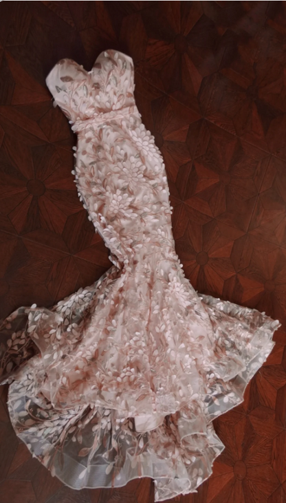 Süßes rosafarbenes Meerjungfrauen-Abendkleid mit Herzausschnitt, 3D-Blüten und Tüll, langes Ballkleid P4278