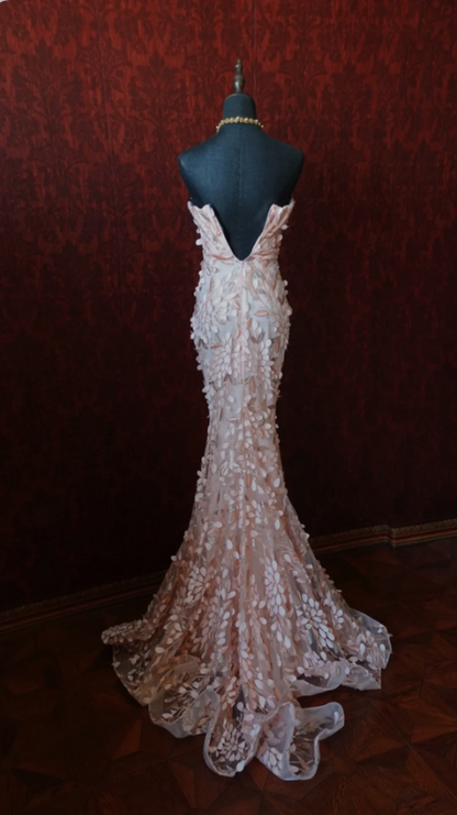 Süßes rosafarbenes Meerjungfrauen-Abendkleid mit Herzausschnitt, 3D-Blüten und Tüll, langes Ballkleid P4278