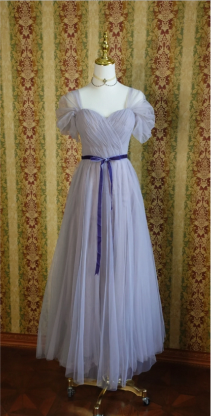 Élégante Robe de Bal Longue en Tulle Coupe A-line Manches Bouffantes Violette Robe de Soirée Robe de Demoiselle d'honneur P4279