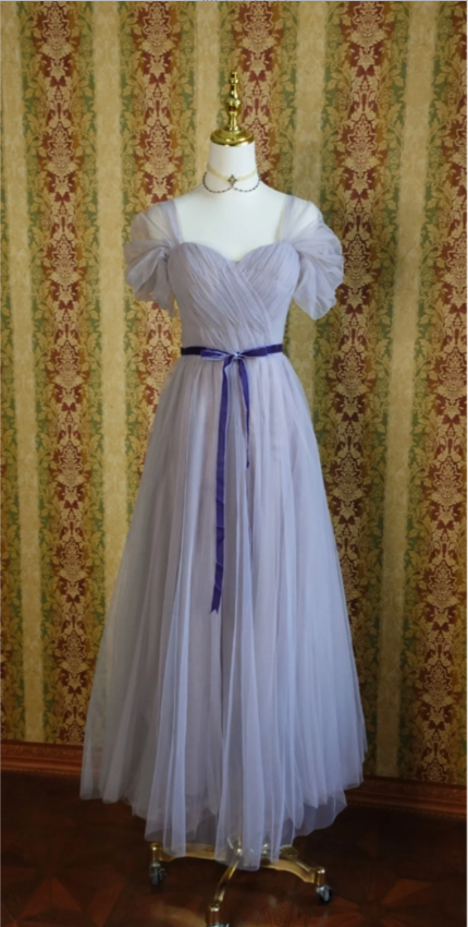 Élégante Robe de Bal Longue en Tulle Coupe A-line Manches Bouffantes Violette Robe de Soirée Robe de Demoiselle d'honneur P4279