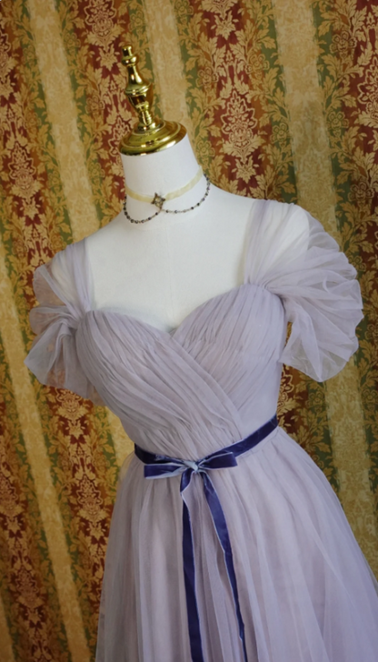 Élégante Robe de Bal Longue en Tulle Coupe A-line Manches Bouffantes Violette Robe de Soirée Robe de Demoiselle d'honneur P4279
