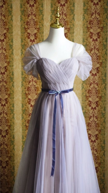 Élégante Robe de Bal Longue en Tulle Coupe A-line Manches Bouffantes Violette Robe de Soirée Robe de Demoiselle d'honneur P4279
