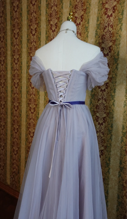 Élégante Robe de Bal Longue en Tulle Coupe A-line Manches Bouffantes Violette Robe de Soirée Robe de Demoiselle d'honneur P4279