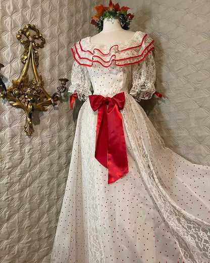 Retro weißes und rotes color-blocked Kleid mit Rüschenkragen, Tupfen-Schleife und Spitze, A-Linie, langes Ball- und Abendkleid P4281