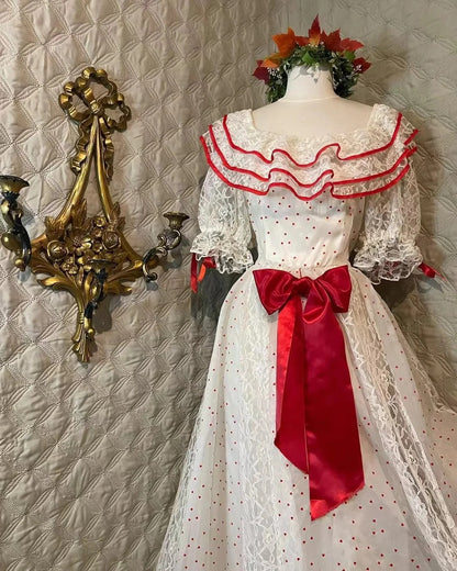 Retro weißes und rotes color-blocked Kleid mit Rüschenkragen, Tupfen-Schleife und Spitze, A-Linie, langes Ball- und Abendkleid P4281