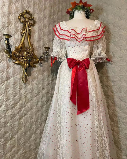 Retro weißes und rotes color-blocked Kleid mit Rüschenkragen, Tupfen-Schleife und Spitze, A-Linie, langes Ball- und Abendkleid P4281
