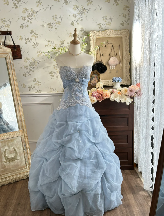 Vintage Prinzessin Hellblau Trägerlos Spitze Bestickt Tüll Ballkleid Abendkleid P4282