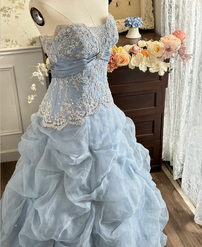 Vintage Prinzessin Hellblau Trägerlos Spitze Bestickt Tüll Ballkleid Abendkleid P4282
