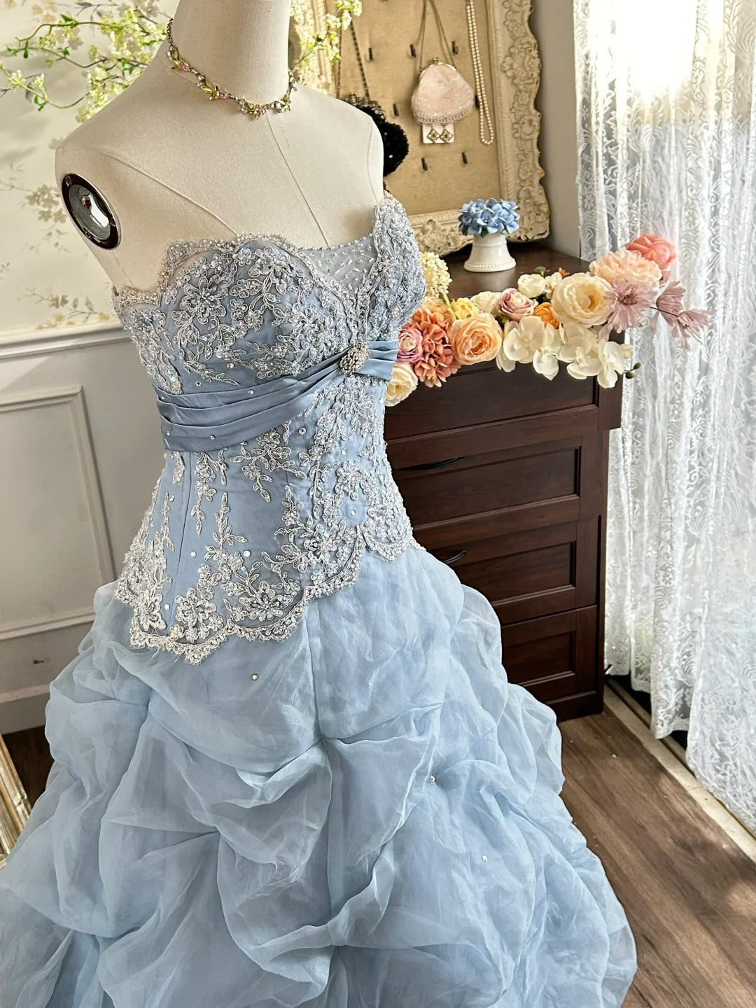 Vintage Prinzessin Hellblau Trägerlos Spitze Bestickt Tüll Ballkleid Abendkleid P4282