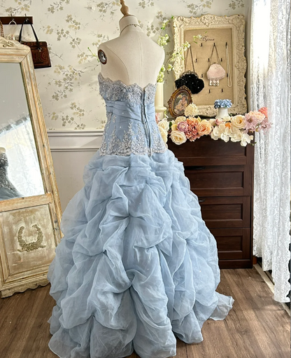 Vintage Prinzessin Hellblau Trägerlos Spitze Bestickt Tüll Ballkleid Abendkleid P4282