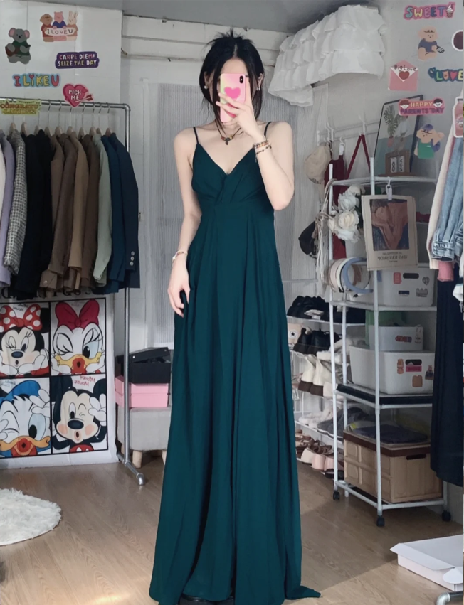 Robe de soirée longue trapèze simple vert foncé en mousseline avec col en V et dos nu, robe de bal, robe de demoiselle d'honneur P4283