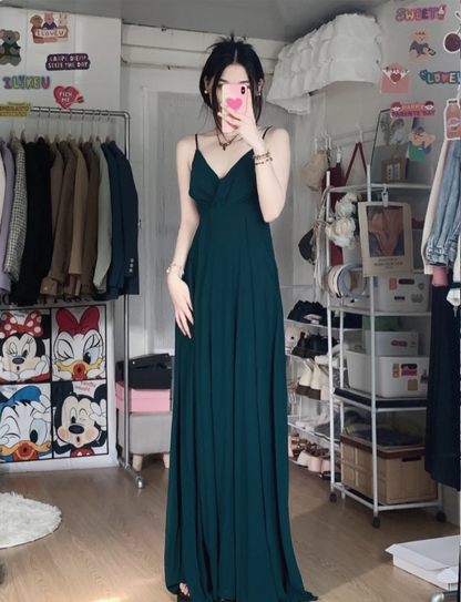 Robe de soirée longue trapèze simple vert foncé en mousseline avec col en V et dos nu, robe de bal, robe de demoiselle d'honneur P4283