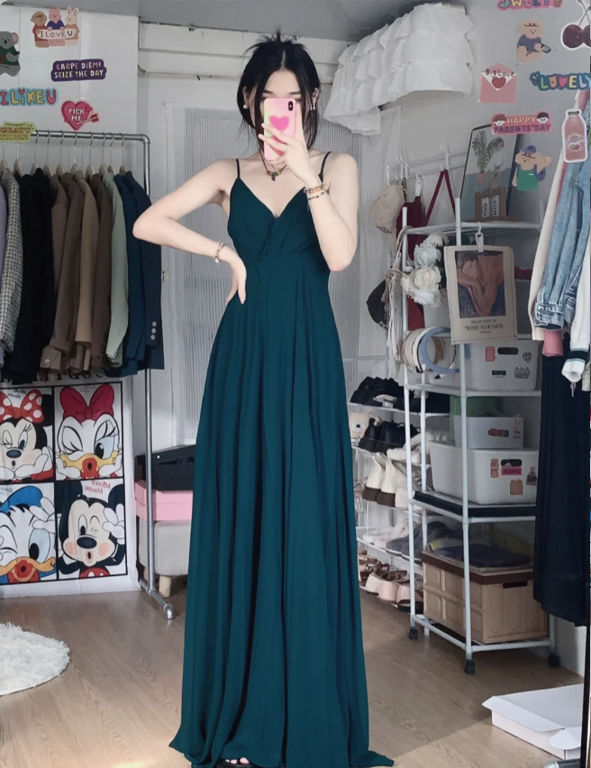 Robe de soirée longue trapèze simple vert foncé en mousseline avec col en V et dos nu, robe de bal, robe de demoiselle d'honneur P4283