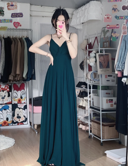 Robe de soirée longue trapèze simple vert foncé en mousseline avec col en V et dos nu, robe de bal, robe de demoiselle d'honneur P4283