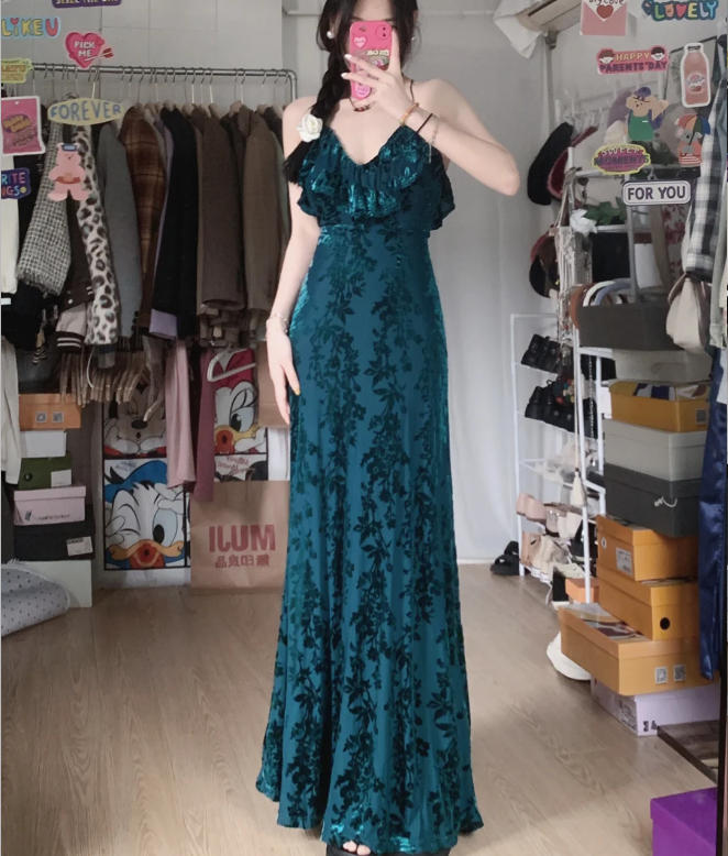 Vintage Hof Dunkelgrün V-Ausschnitt Rüschen Lang Abschlussballkleid Abendkleid P4287