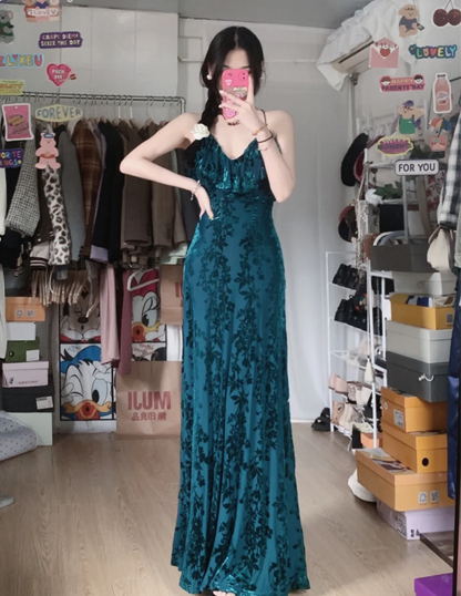 Vintage Hof Dunkelgrün V-Ausschnitt Rüschen Lang Abschlussballkleid Abendkleid P4287