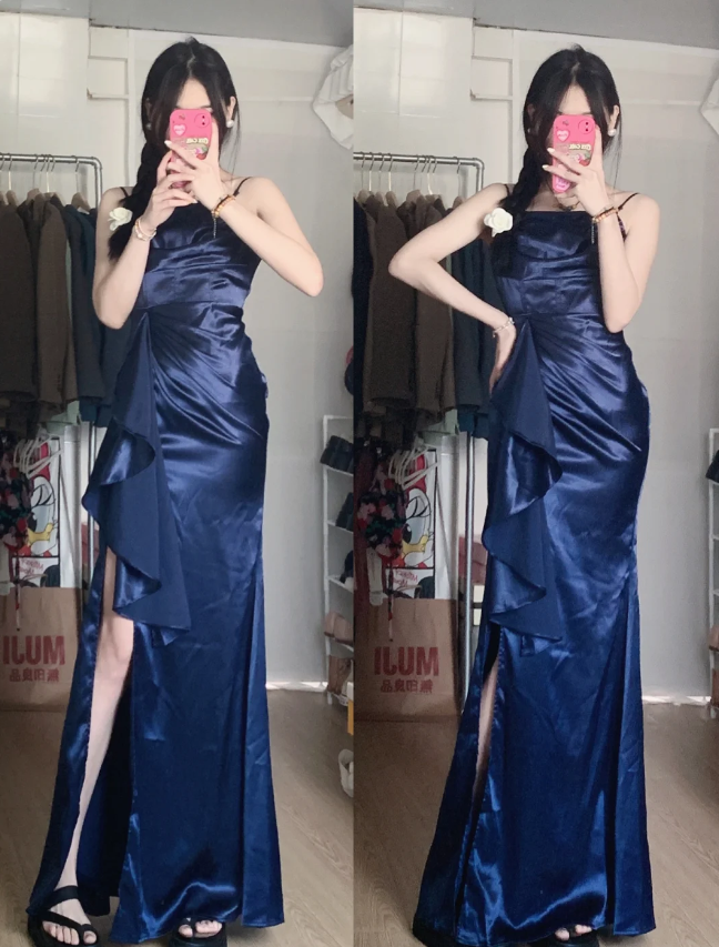 Elegantes nachtblaues Meerjungfrauen-Abendkleid mit hohem Schlitz und Rüschen aus Satin, langes Ballkleid P4288