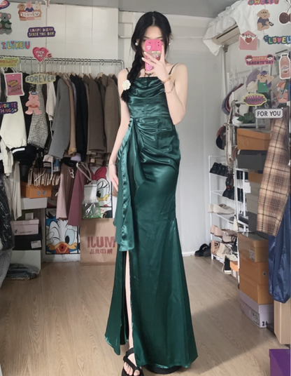 Elegantes nachtblaues Meerjungfrauen-Abendkleid mit hohem Schlitz und Rüschen aus Satin, langes Ballkleid P4288