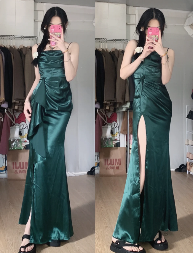 Elegantes nachtblaues Meerjungfrauen-Abendkleid mit hohem Schlitz und Rüschen aus Satin, langes Ballkleid P4288