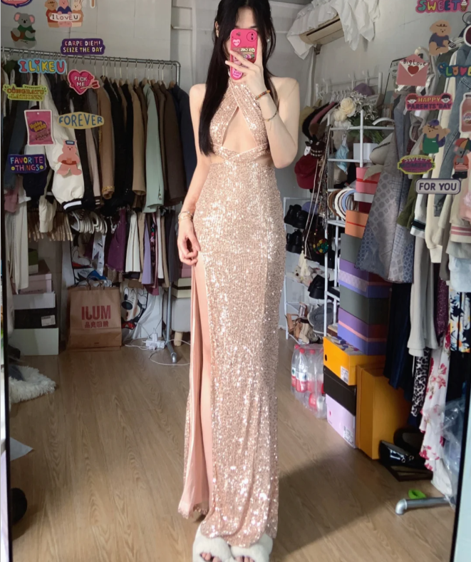 Glitzerndes Champagner-Pink Neckholder Hoher Schlitz Pailletten Langes Ballkleid Abendkleid P4289