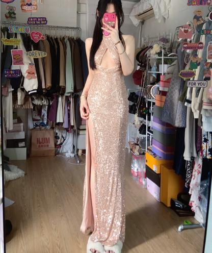 Glitzerndes Champagner-Pink Neckholder Hoher Schlitz Pailletten Langes Ballkleid Abendkleid P4289