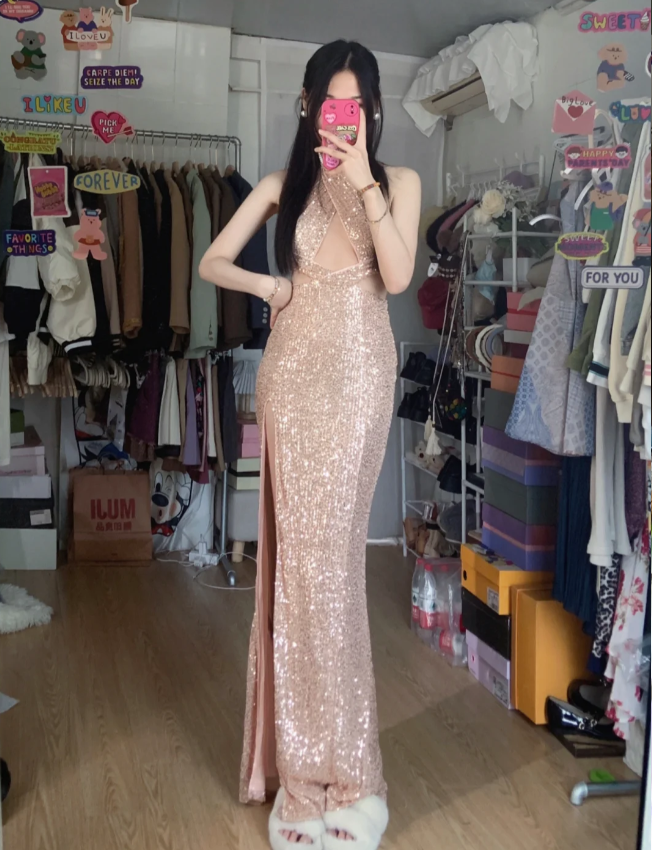Glitzerndes Champagner-Pink Neckholder Hoher Schlitz Pailletten Langes Ballkleid Abendkleid P4289