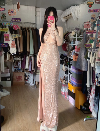 Glitzerndes Champagner-Pink Neckholder Hoher Schlitz Pailletten Langes Ballkleid Abendkleid P4289