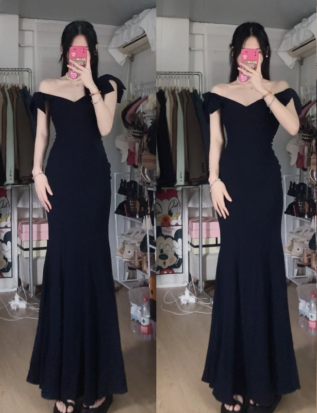 Elegantes schwarzes Meerjungfrauen-Abendkleid mit V-Ausschnitt, Schleifenträgern und Satinstoff P4290