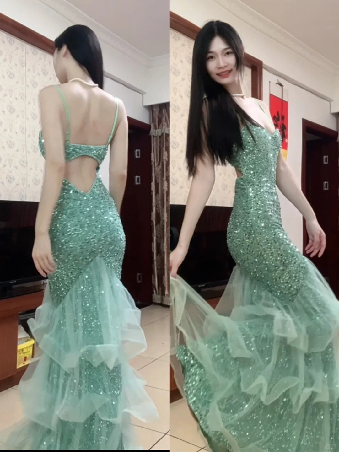 Traumhafte Prinzessin Mintgrünes Meerjungfrauen-Spaghettiträger-Rückenfreies Pailletten-Abendkleid Ballkleid P4291