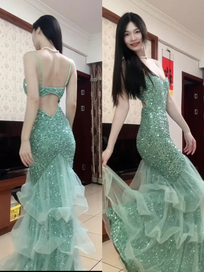 Traumhafte Prinzessin Mintgrünes Meerjungfrauen-Spaghettiträger-Rückenfreies Pailletten-Abendkleid Ballkleid P4291