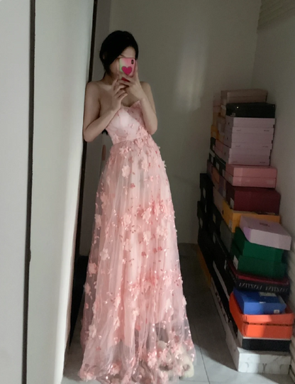 Süßes rosafarbenes trägerloses A-Linien-Abendkleid aus Tüll mit 3D-Blumenmuster, langes Ballkleid P4292