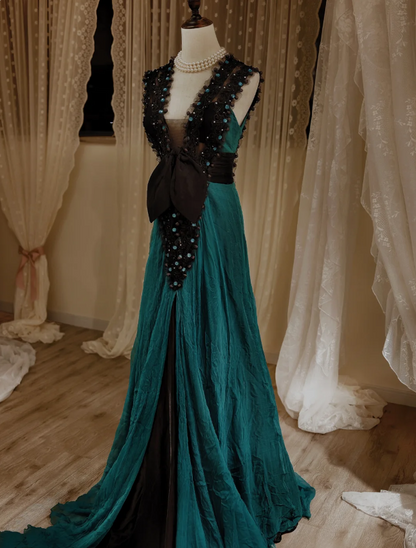 Vintage Dunkelgrünes A-Linien-Abendkleid aus Chiffon mit V-Ausschnitt, Schleife und Perlenstickerei P4293