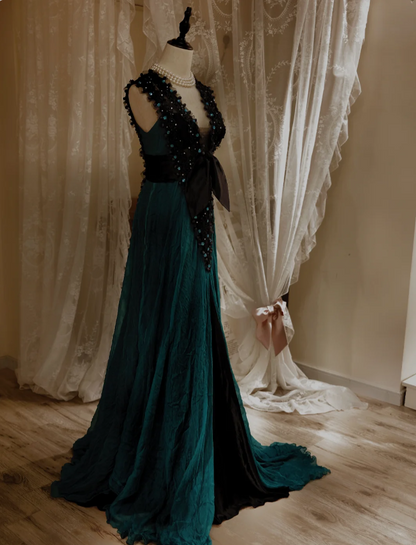 Vintage Dunkelgrünes A-Linien-Abendkleid aus Chiffon mit V-Ausschnitt, Schleife und Perlenstickerei P4293