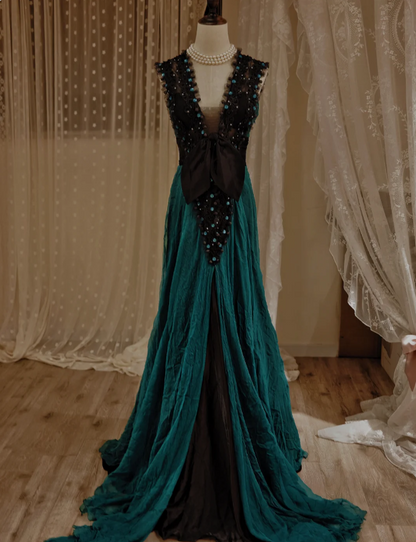 Vintage Dunkelgrünes A-Linien-Abendkleid aus Chiffon mit V-Ausschnitt, Schleife und Perlenstickerei P4293