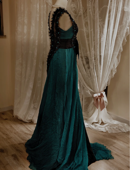 Vintage Dunkelgrünes A-Linien-Abendkleid aus Chiffon mit V-Ausschnitt, Schleife und Perlenstickerei P4293