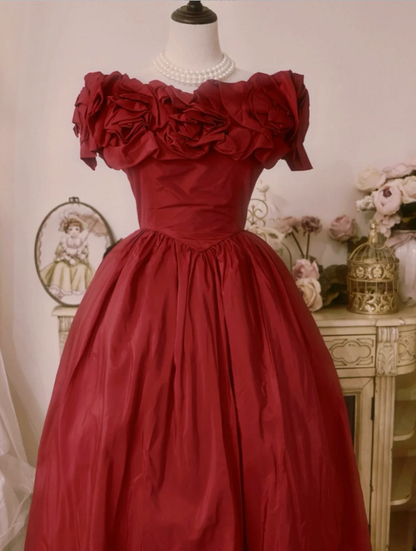 Vintage Court Rot Schleife Carmen-Ausschnitt Satin Ballkleid Abendkleid P4294